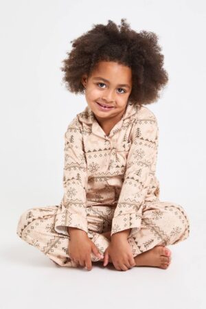 boohoo Barn matchande familj bebis fleece Fairisle-mönstrad långärmad skjorta & byxor pyjamas-set | Neutral | Storlek 3-4 Years