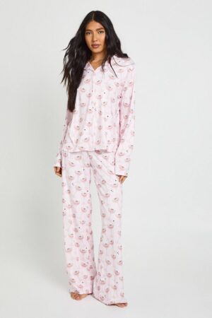 boohoo Dam Lång Pyjamasset med Martinimönster - Långärmad Skjorta & Byxor | Pink | Storlek 46