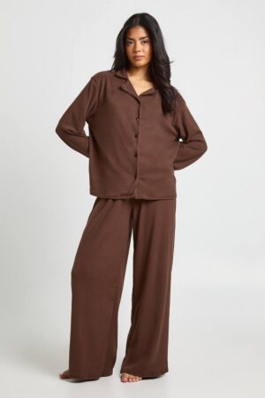 boohoo Dam Superlen Långärmad Topp & Byxor Pyjamas Set | Chocolate | Storlek 42