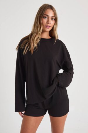boohoo Dam Modal OverStorlekd Långärmad Topp & Shorts Pyjamas Set | Black | Storlek 40