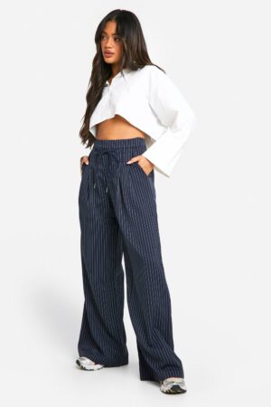 boohoo Dam Pinstripe-dragkedjebälte Lös Pyjamas-Pappa Byxa | Navy | Storlek 40
