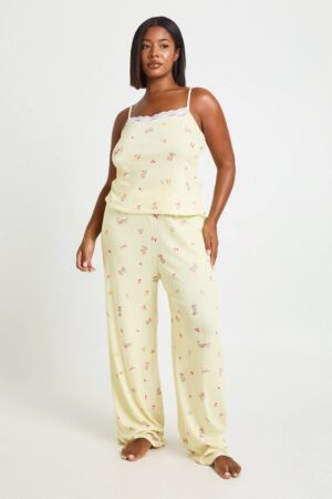 boohoo Dam Plus Pointelle Kanintryck Linne Och Byxor Pyjamas Set | Yellow | Storlek 48