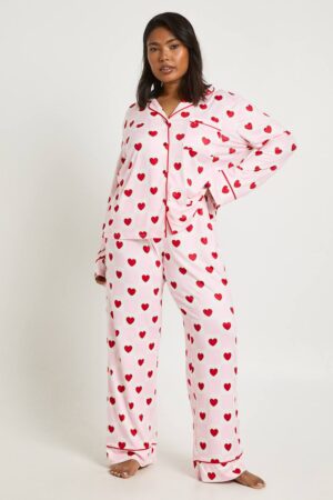 boohoo Dam Plus Rutig och Hjärtmönstrad Långärmad Skjorta & Pyjamasbyxor Set | Pink | Storlek 44