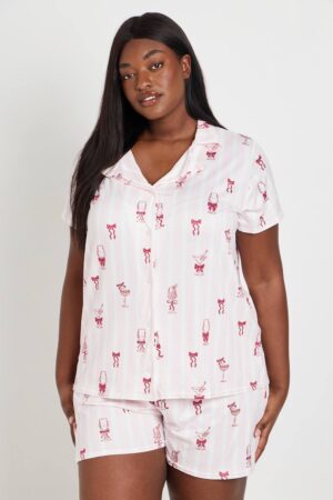 boohoo Dam Plus Stripe Cocktail Short Sleeve Shirt And Shorts Pyjama Set | Pink | Storlek 48