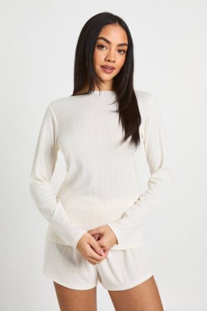 boohoo Dam Pointelle Långärmad Topp och Kort Pyjamas Set | Beige | Storlek 44