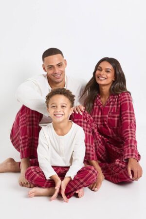boohoo Men's Herr Matchande Familj Rutig Baby Fleece Långärmad Topp & Byxor Pyjamas Set | Red | Storlek Large