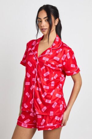 boohoo Dam Alla hjärtans dag 'Lucky You' tryck kortärmad skjorta & shorts 3-delat pyjamasset | Red | Storlek 34