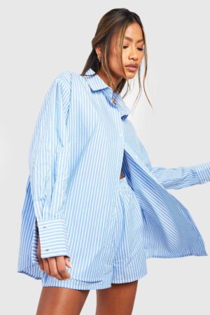 boohoo Dam Bomulls-pintstrecks Överdimensionerad Pyjamaskjorta | Blue | Storlek 34