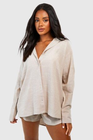 boohoo Dam Bomulls pyjamaskjorta med tonala pinstripes | Stone | Storlek 34