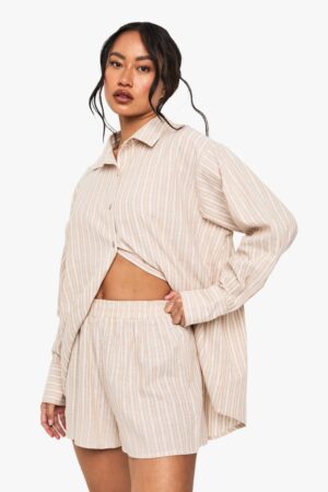 boohoo Dam Bomulls-tonade pyjamashorts med finrandig design | Beige | Storlek 34