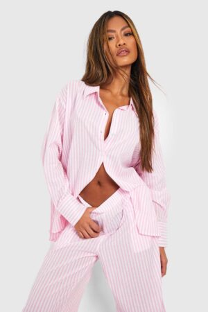 boohoo Dam Bomullsfinrandad överdimensionerad pyjamaskjorta | Pink | Storlek 34