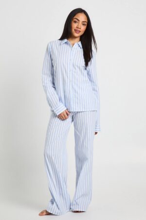 boohoo Dam Bomullspoplin Nålrandig Långärmad Skjorta & Byxor Pyjamasset | Light Blue | Storlek 34