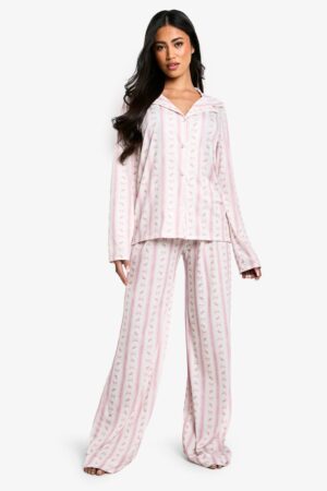 boohoo Dam Bow Print Long Sleeve Shirt & Trouser Pyjama Set | Pink | Storlek 34