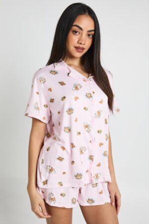 boohoo Dam Breakfast Print Short Sleeve Shirt & Shorts PJ Set | Baby Pink | Storlek 34