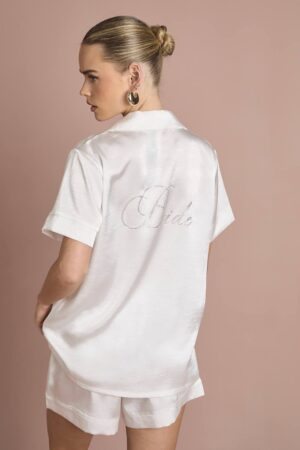 boohoo Dam Bridal 'Bride' Satin Diamante Short Sleeve Shirt & Short Pyjama Set | White | Storlek 34