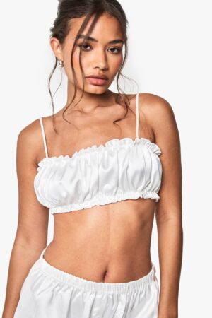 boohoo Dam Brudigt satinfransigt pyjamasbralette | Ivory | Storlek 42
