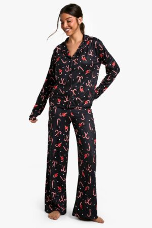 boohoo Dam Christmas Candy Cane Long Sleeve Trouser Set | Black | Storlek 42