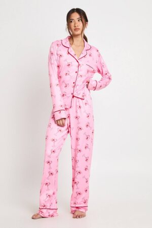 boohoo Dam Cocktail-mönstrad Långärmad Skjorta & Byxor 3-delat Pyjamasset | Pink | Storlek 34