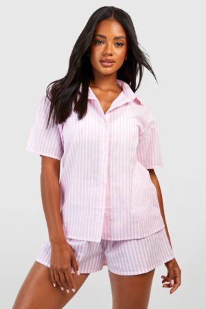 boohoo Dam Cotton Pinstripe OverStorlekd Short Sleeve Pyjama Shirt | Pink | Storlek 34