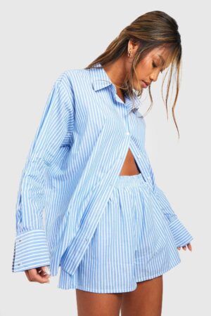 boohoo Dam Cotton Pinstripe Pyjama Short | Blue | Storlek 34