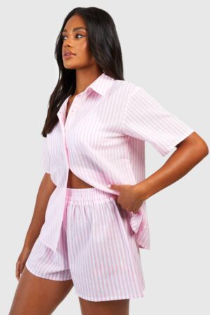 boohoo Dam Cotton Pinstripe Pyjama Short | Pink | Storlek 34