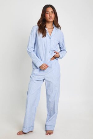 boohoo Dam Cotton Poplin Pinstripe Long Sleeve Shirt & Trouser Pyjama Set | Light Blue | Storlek 34