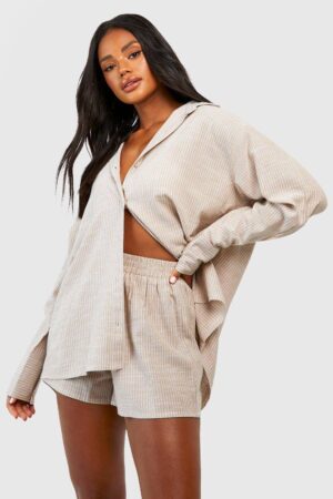 boohoo Dam Cotton Tonal Pinstripe Pyjama Short | Stone | Storlek 34