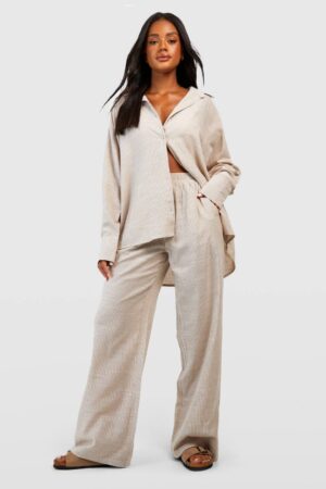 boohoo Dam Cotton Tonal Pinstripe Pyjama Trouser | Stone | Storlek 34