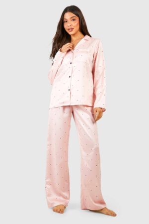 boohoo Dam Ditsy Prickigt Mönster Långärmad Skjorta & Byxor Pyjamas Set | Blush | Storlek 40