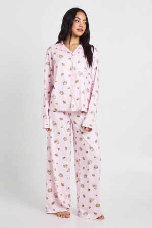 boohoo Dam Frukost-Print Långärmad Skjorta och Byxor Pyjamas Set | Baby Pink | Storlek 36