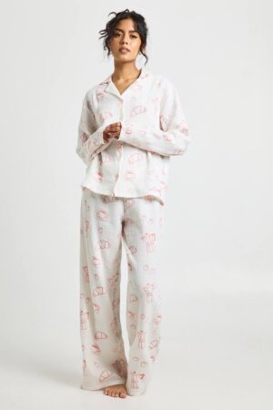boohoo Dam Frukost-tryck Texturerad Långärmad Skjorta & Byxor Pyjamas 3-delars Set | White | Storlek 34