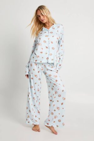 boohoo Dam Frukosttryckt långärmad skjorta och byx-pyjamasset | Blue | Storlek 34