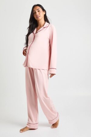 boohoo Dam Gravid pipingdetalj långärmad skjorta & byx-pyjamaset | Pink | Storlek 36