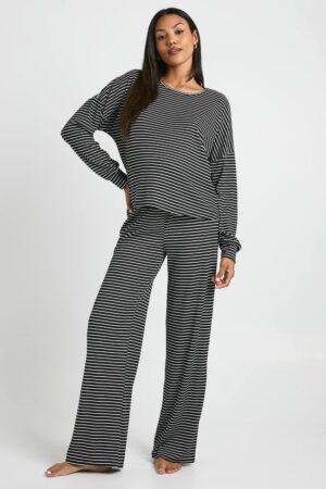 boohoo Dam Gravidloungewear med ränder: långärmad topp & byxor, pyjamaset | Black | Storlek 38