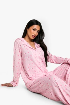 boohoo Dam Heart Print Långärmad Skjorta & Byxpysjamasset | Pink | Storlek 34
