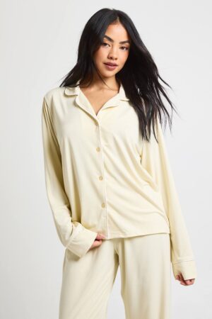 boohoo Dam Jersey Pyjamas Set med Pipingdetaljer - Långärmad Skjorta & Byxor | Lemon | Storlek 36