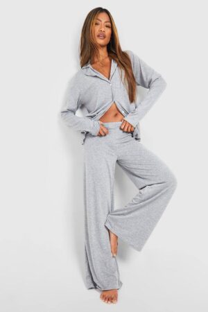 boohoo Dam Jersey Pyjamasbyxa i jersey med breda ben | Grey Marl | Storlek 38