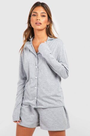 boohoo Dam Jersey långärmad pyjamaskjorta med knappar | Grey Marl | Storlek 34