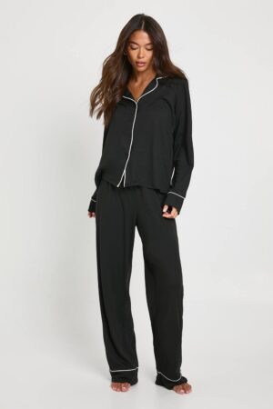 boohoo Dam Jersey med pipdetalj långärmad skjorta & byxor pyjamasset | Black | Storlek 34