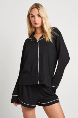 boohoo Dam Jersey med pipdetalj långärmad skjorta & shorts pyjamasset | Black | Storlek 34