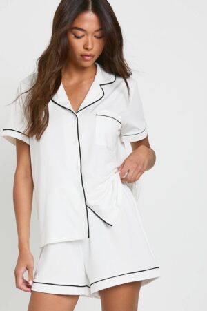 boohoo Dam Jersey med pipdetaljer kortärmad skjorta & shorts pyjamasset | White | Storlek 36