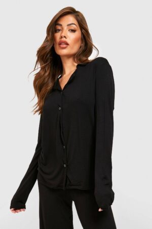 boohoo Dam Jersey-pyjamaskjorta med lång ärm och knäppning | Black | Storlek 34
