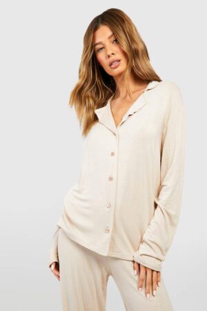 boohoo Dam Jersey-pyjamaskjorta med lång ärm och knäppning | Stone | Storlek 38