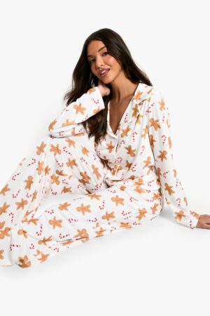boohoo Dam Julpyjamas med pepparkaksmantryck - Långärmad Skjorta & Byxor | Storlek 36