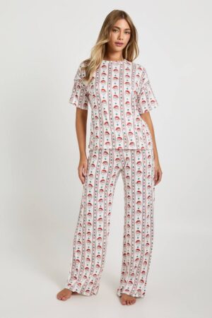 boohoo Dam Jultomte-tryckt Överdimensionerad T-Shirt & Byxpyjamasset | White | Storlek 36