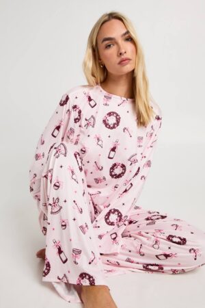 boohoo Dam Jultryck lång topp & byxor pyjamas-set | Pink | Storlek 34