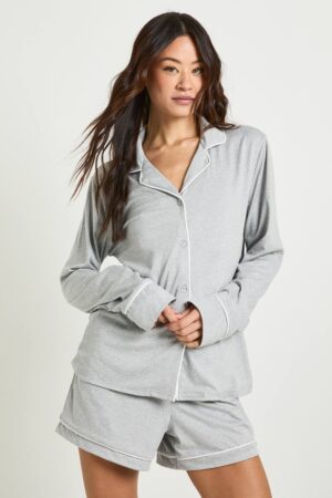 boohoo Dam Lång Jersey med pipringsdetalj långärmad skjorta & shorts pyjamaset | Grey Marl | Storlek 44
