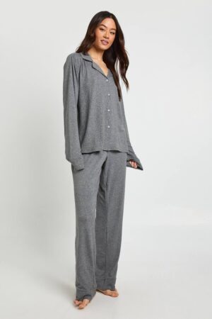 boohoo Dam Lång Mjuk Pyjamas Med Knappskjorta Och Byxor | Grey Marl | Storlek 36