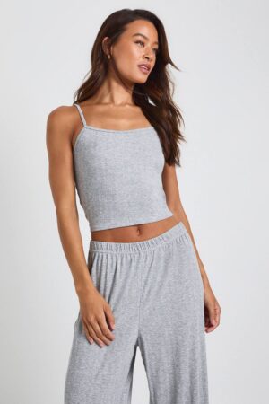 boohoo Dam Lång Pointelle-cami och pyjamasset med byxor med vida ben | Grey Marl | Storlek 38