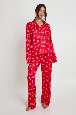 boohoo Dam Lång Valentins Lucky You Print Långärmad Skjorta & Byxor 3-delars Pyjamasset | Red | Storlek 36